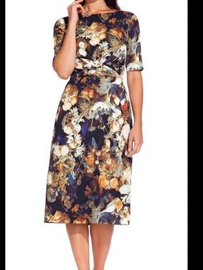 Adrianna Papell Short Sleeve V-Back Dress navy floral brocade size 10